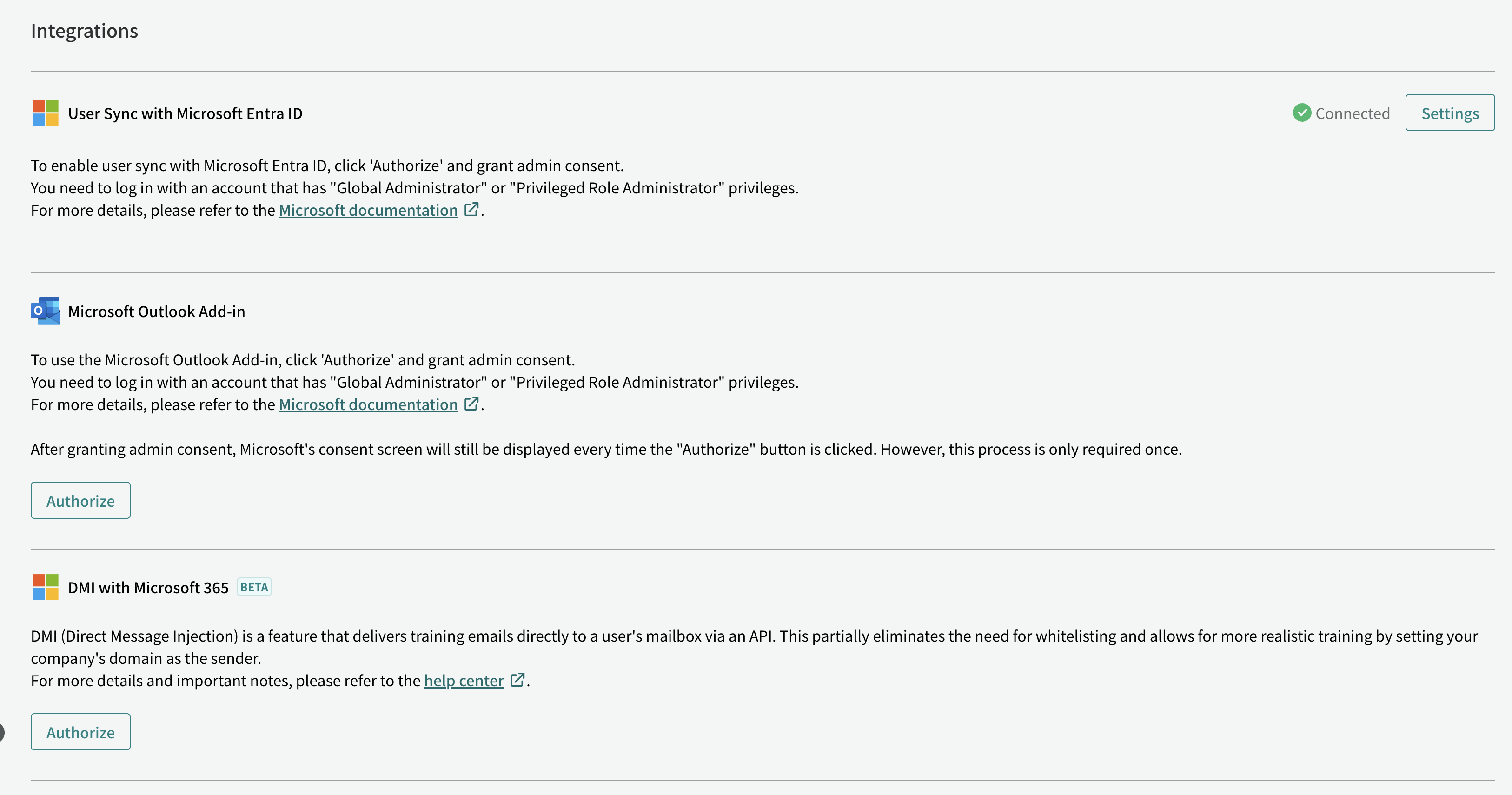 Microsoft 365 DMI Settings Authorize button