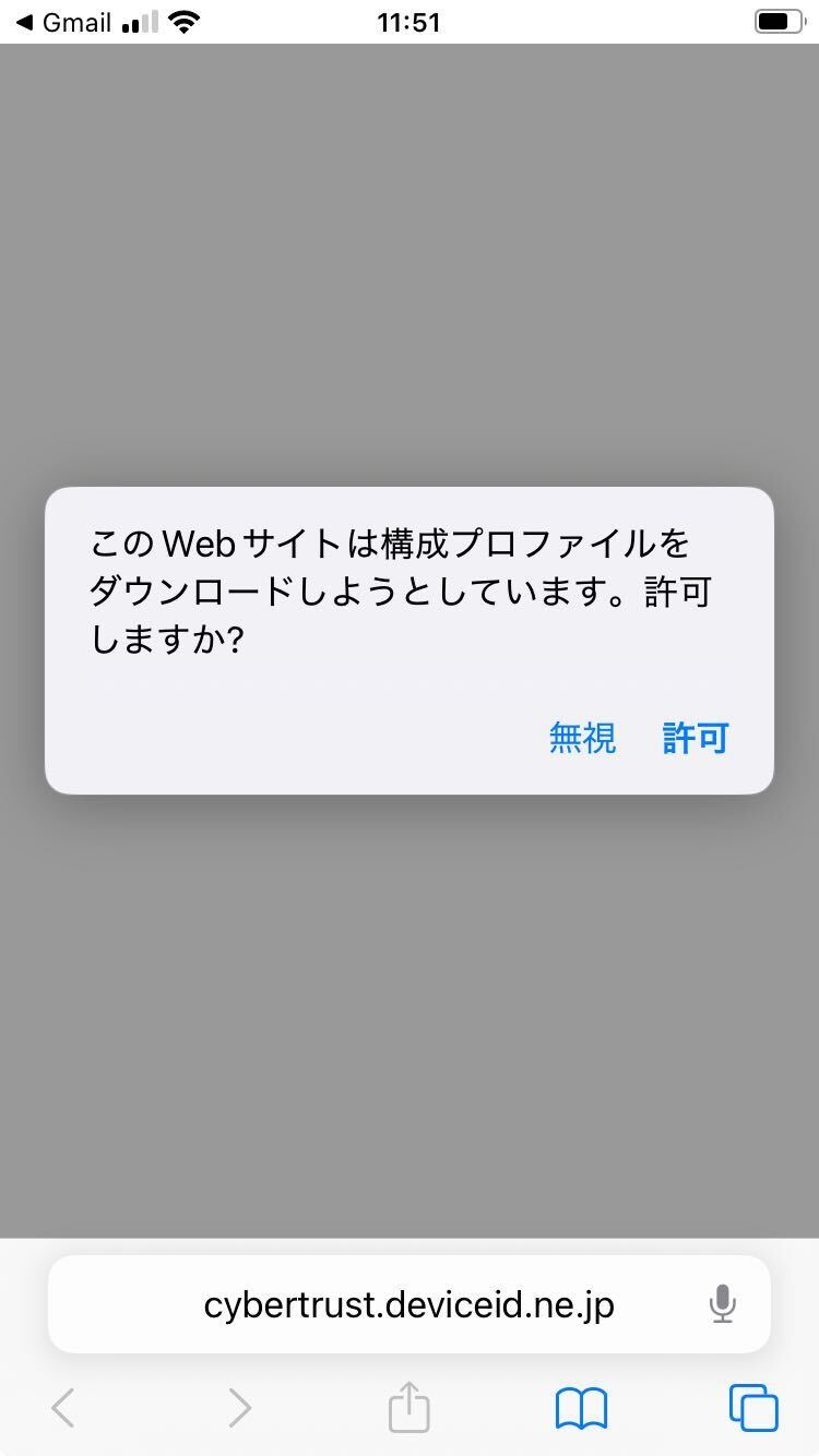 Webサイトからの構成プロファイルダウンロード許可を求めるポップアップで許可を選択する画面