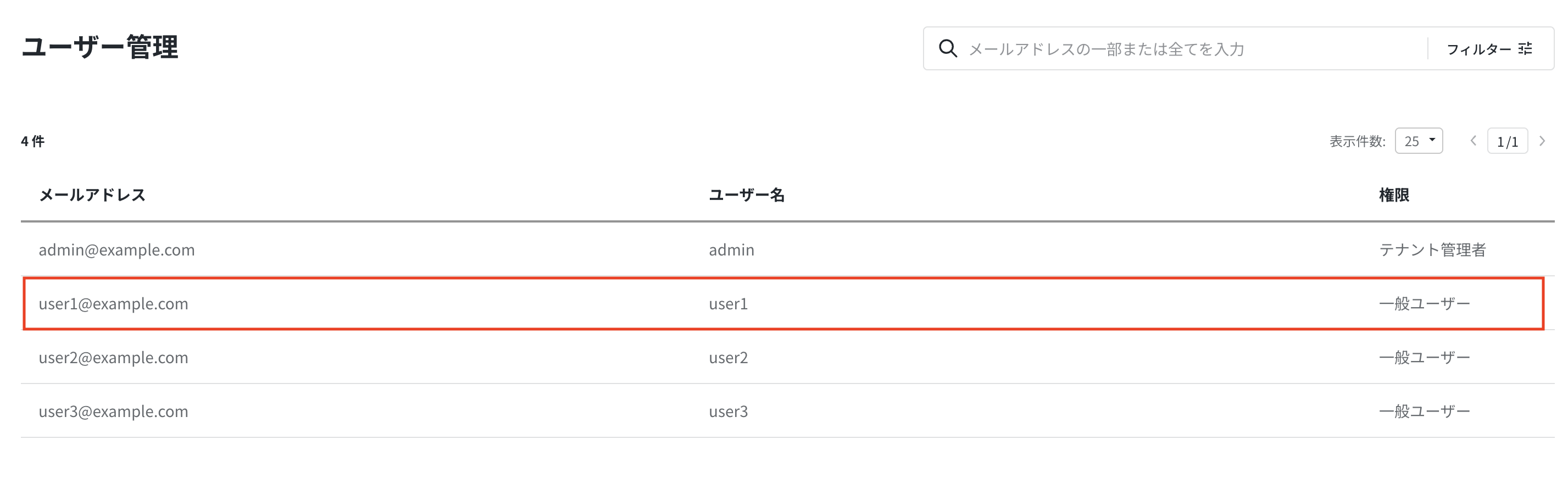 ［ユーザー管理］画面で削除対象のユーザーを選択する画面