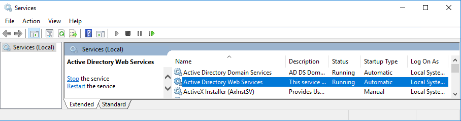 Active Directory Web Servicesのサービス状態確認画面