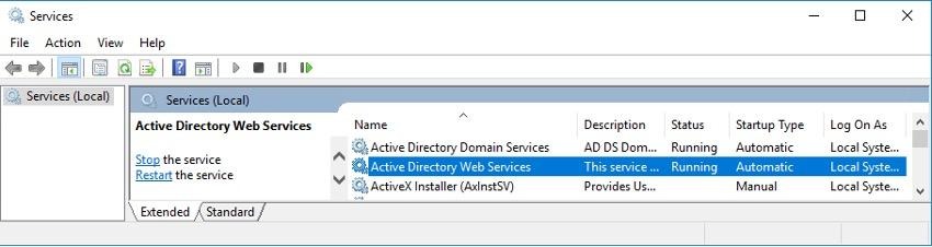 Active Directory Web Servicesの状態確認画面