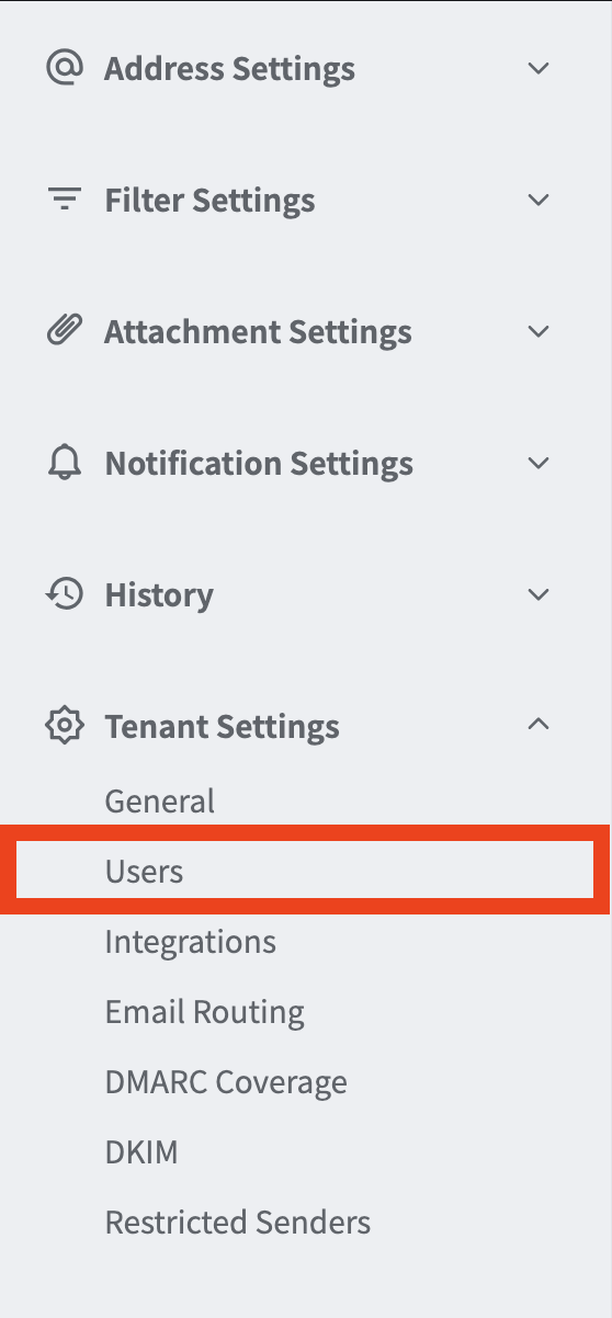 Selecting 'Users' from 'Tenant Settings' in the left navigation menu of the Email DLP Administration