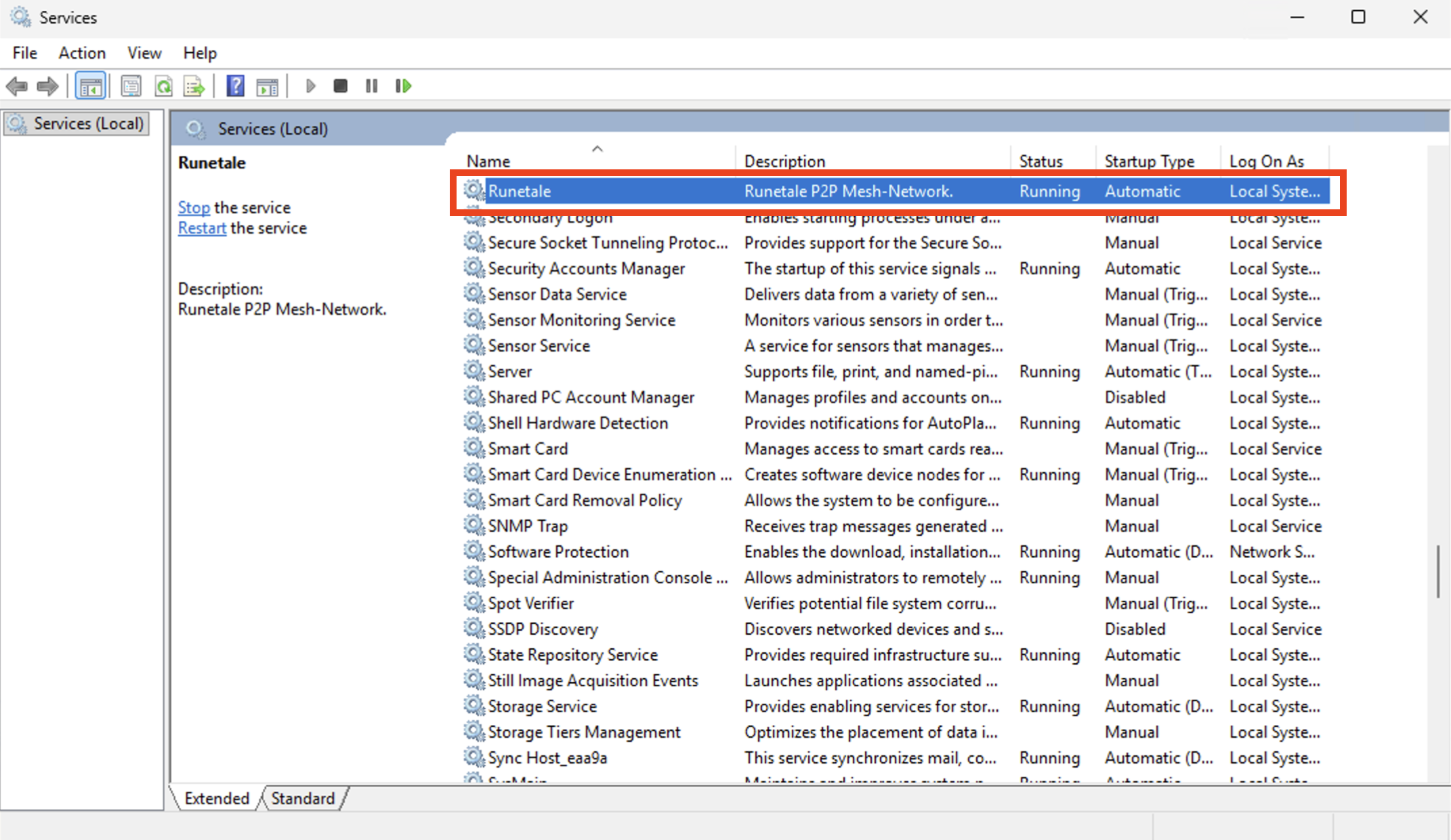 Screen for checking the Runetale service in the Windows Services screen