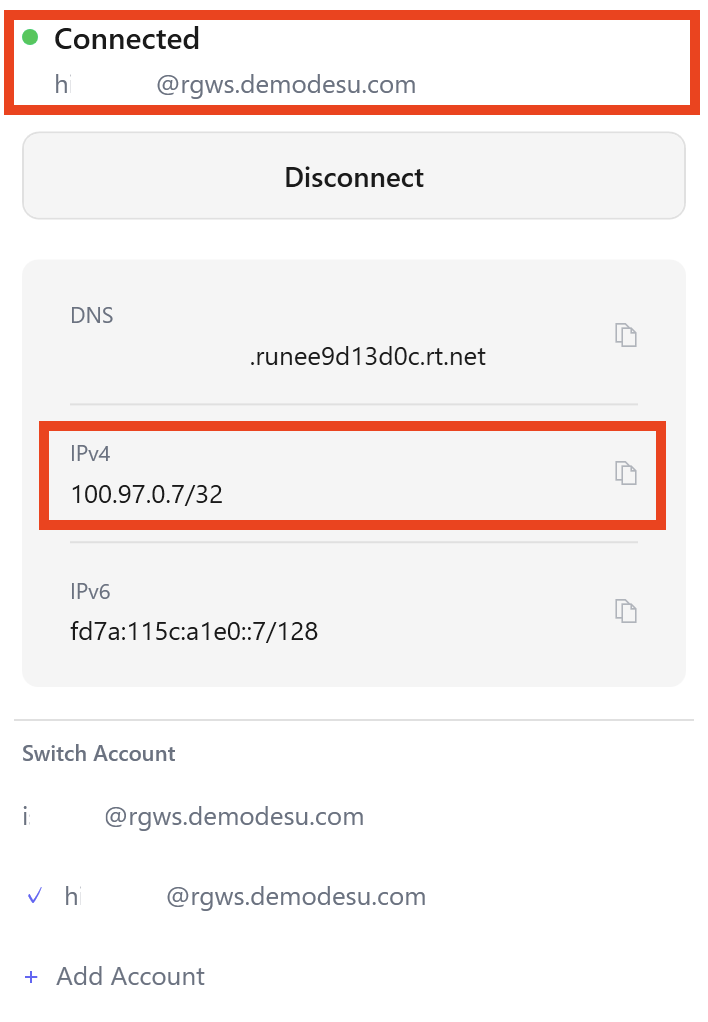 Screen for checking the sign-in status and IP address in the Runetale client
