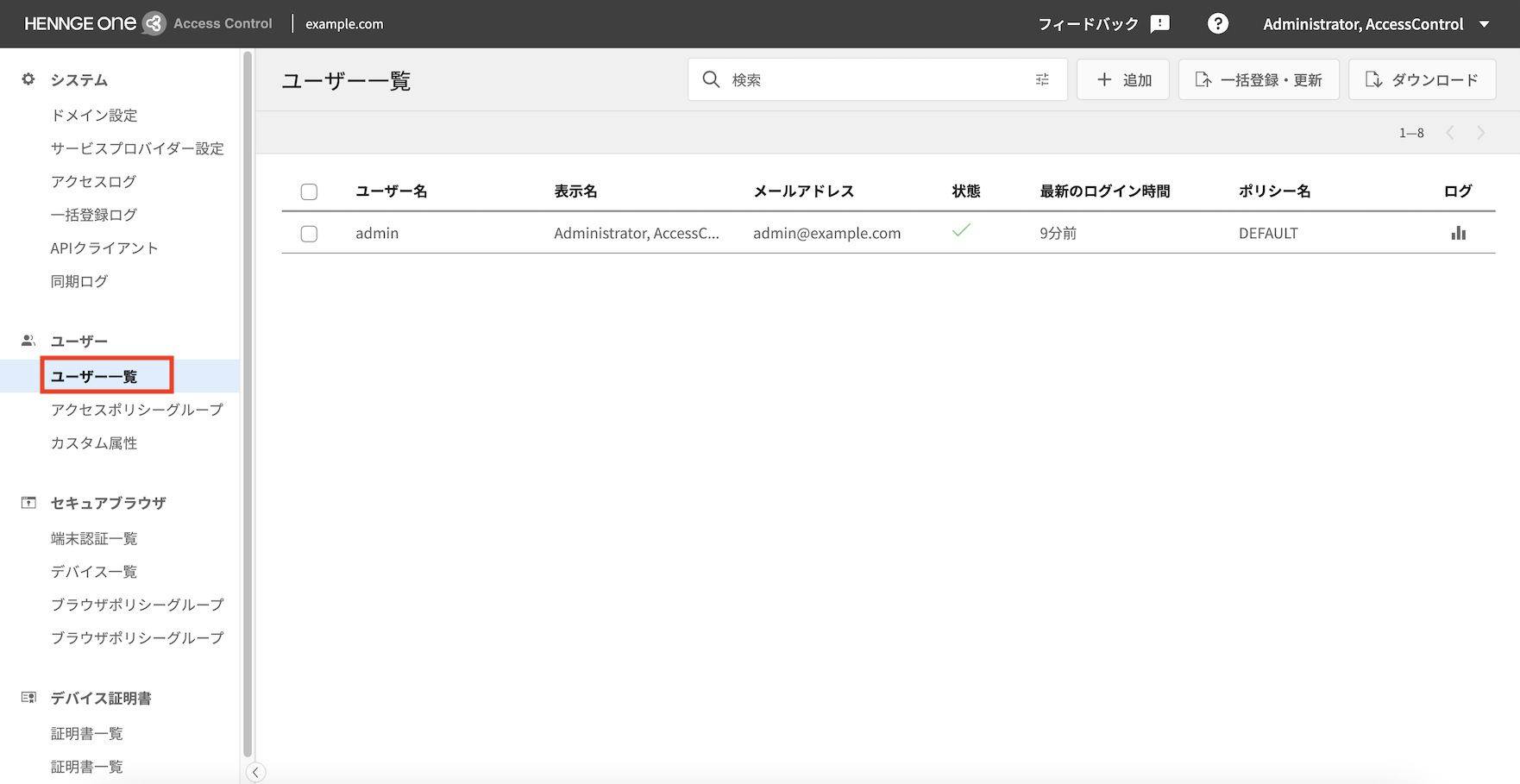 Access Controlの管理画面で左メニューの［ユーザー］－［ユーザー一覧］を表示した画面